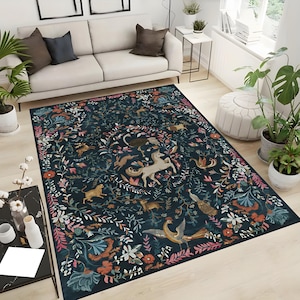 Blumen Einhorn Teppich,Folklore Dekor,Cottagecore Dekor, Feen Wald Dekor, ästhetik Design Teppich, Magisches Dekor,Tierteppich,Blauer Teppich