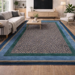 Leopard Print Area Rug, Animal Print Carpet, Blue Green Border Rug, Modern Statement Rug, Contemporary Living Room Floor Decor, Modern Rug