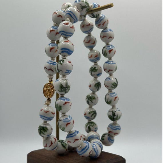Vintage | Rare | Chinese porcelain hand painted necklace | palm trees & birds