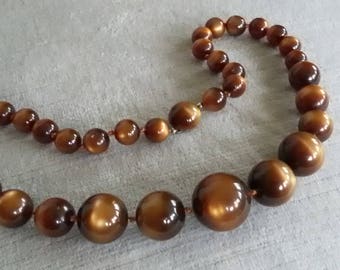 Vintage Moonglow Bead Necklace in Lustrous Brown, Sterling Silver Clasp