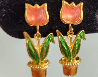 Adorable Vintage FlowerPot Earrings with Pink Tulips