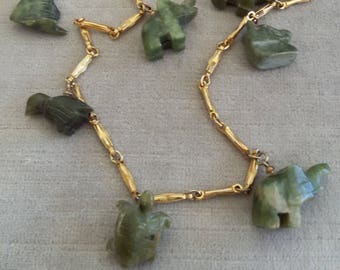 Vintage Carved Animal Fetish Necklace - Seven Green Aventurine Charms on Metal Chain