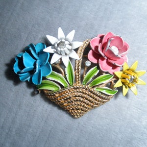 Vintage Trifari Basket of Multi Colored Enameled Metal Flowers Brooch