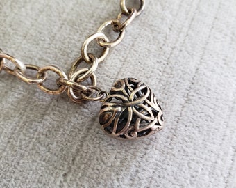 Vintage Sterling Silver Puffed Heart Charm on Sterling Link Bracelet, Twisted / Woven Heart