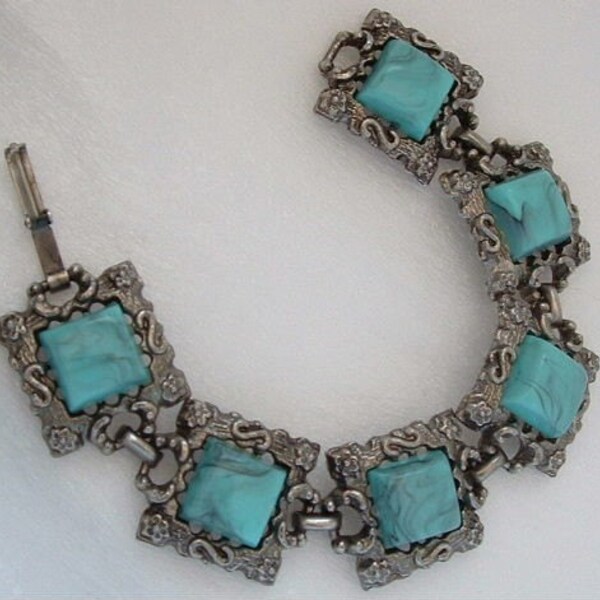 Vintage Costume Chunky Turquoise Link Bracelet with Antiqued Silver Finish