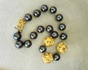 Vintage MONET Necklace with Faux Black Pearls and Large Gold Open-Work Filigree Beads