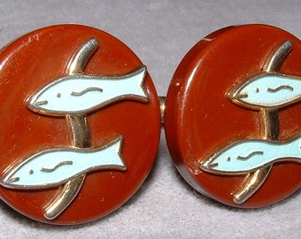 Vintage Enameled Fish - Button Cuff Links - Mid Century Modern - Pisces