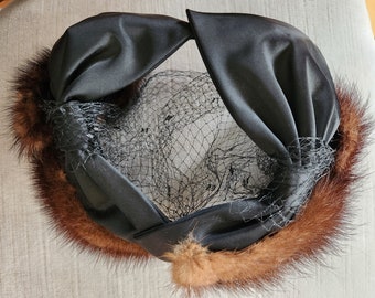 Vintage 1950s 1960s Ringlet Hat, Black Satin And Brown Fur With Veiling