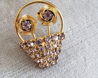 Vintage Unsigned WEISS Basket of Pastel Purple / Lavender Rhinestone Flowers Brooch