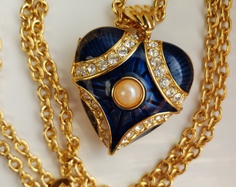 Gorgeous Vintage JOAN RIVERS Long Gold Tone Necklace with Blue Enameled Puffed Heart LOCKET Pendant; Studded with Crystals and Faux Pearl