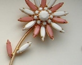 Vintage Pink and Milk White Rhinestone Flower Brooch