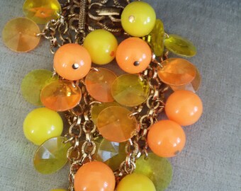 Vintage Triple Chain Charm Bracelet with Lucite Dangles, Spheres, Discs, Fantastic Plastic in Orange & Yellow