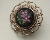 Vintage Austrian Petit Point Violet Brooch with Silver Filigree Setting