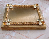 Vintage Jeweled Compact.  Amber, Citrine Glass Gems on Gold Metal