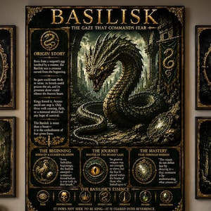 Pode incluir: Um grande cartaz de parede retangular intitulado BASILISK com uma ilustração central de uma criatura serpentina, rodeado por impressões emolduradas menores de cobras e arcos de pedra, acima de uma cama com roupa de cama verde escura.