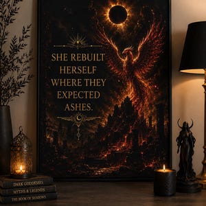 Phoenix Rising Wall Art 18x24 | She Rebuilt Herself Where They Expected Ashes | Dark Feminine Decor | Rebirth & Resilience Canvas Print