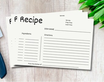 Recipe Cards - Printable 4 x 6 Fillable Recipe Card, Blank Card, Minimalist Design