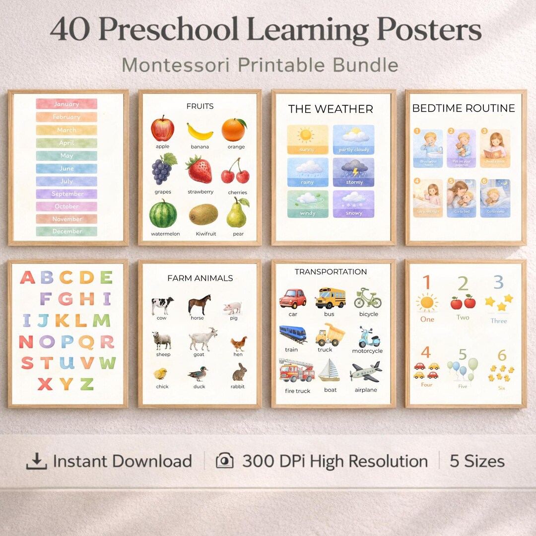 Preschool Learning Posters Printable, Montessori Classroom Wall Art Set ...