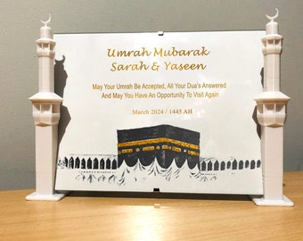 Personalised 3D Umrah Mubarak Plaque: Mosque 3D Minaret Frame, Hajj Gift