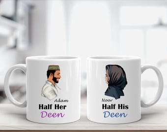 Personalised Islamic Couple Mugs: Half Her Deen, Nikah Gift