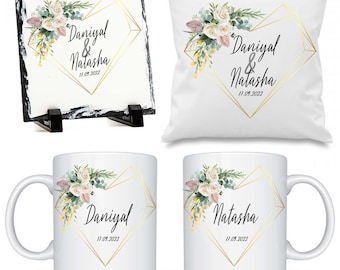 Personalised Wedding Gift Set, Couple Mugs, Slate, Cushion, Nikah, Engagement Gift