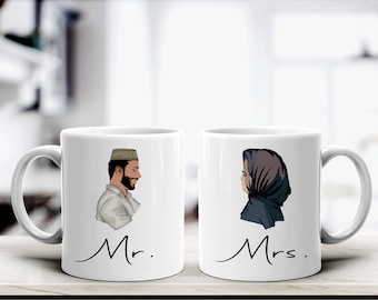 Mr & Mrs Islamic Mugs, Wedding Gift, Anniversary Mug Set