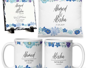Personalised Islamic Wedding Gift Set, Floral Mug, Slate & Cushion