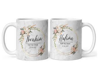 Personalised Wedding Mug Set, Islamic Nikah Gift, Muslim Wedding, half His and Hers Deen