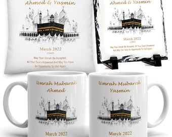 Personalised Umrah Mubarak Gift Set | Mug, Cushion & Slate | Umrah and Hajj Gifts