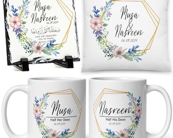 Personalised Islamic Wedding Gift Set, Floral Slate, Mugs, Cushion, Muslim Nikah Gifts