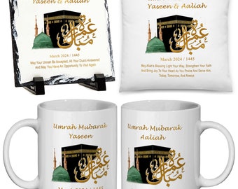 Personalised Umrah Mubarak Gift Set, Mug, Slate, Cushion, Hajj and Umrah Gifts