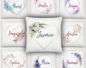 Personalised Name Cushion, Watercolour Pillow Gift, Baby New-born Gift, Floral Flowers Pattern