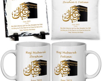 Personalised Umrah Mubarak Gift Set: Mug, Cushion, Slate, Hajj Gift