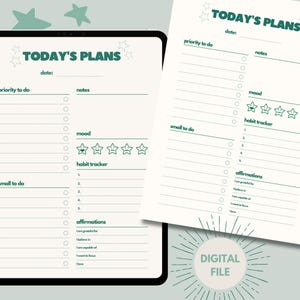 Könnte beinhalten: Ein druckbarer digitaler Planer in grün-weißem Farbschema. Der Planer hat Abschnitte für "Heutige Pläne", "Priorität", "Notizen", "Stimmung", "Gewohnheits-Tracker", "Kleinigkeiten zu erledigen" und "Affirmationen".