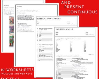 Present Simple and Continuous Tense Worksheets, ESL Grammar (Digital Download)