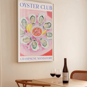 Póster del Oyster Club: Impresión obligatoria de champán / Arte mural glamuroso para cocina costera / Ilustración elegante de mariscos / Decoración elegante de los Hamptons