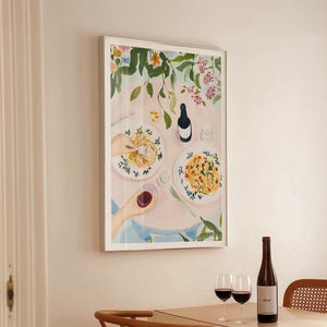 Romantic Italian Pasta Dinner Print: Alfresco Dining, Floral Decor (Digital Download)