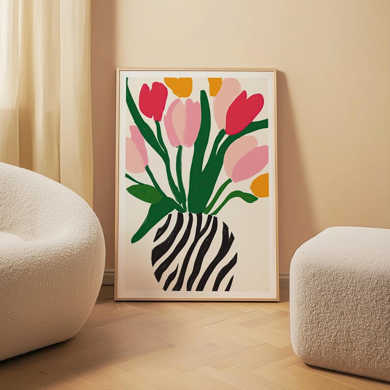 Pink and red tulips in playful zebra patterned vase floral poster