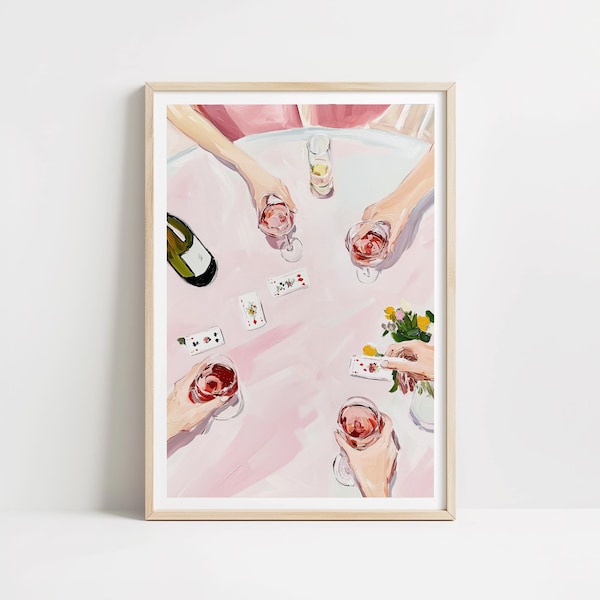 Girls Night Poster, Cheers Art Print: Rosé Wine, Poker Night Decor (Digital Download)