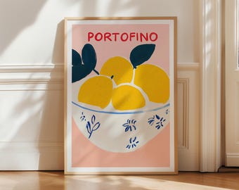Lámina artística de limones de Portofino: arte mural para cocina italiana, póster de frutas mediterráneas, decoración veraniega soleada