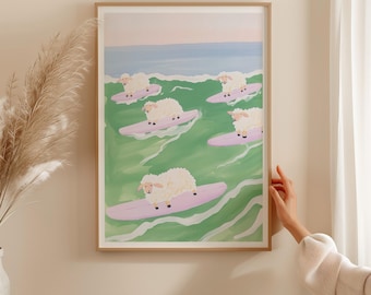 Stampabile Pecora surfista / Arte murale con stampa di animali vintage / Download digitale per la decorazione della stanza dei bambini / Arte carina per la cameretta dei bambini