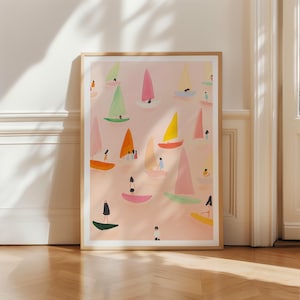 Impresión de veleros, arte mural de regata en tonos pastel, decoración costera moderna, póster de mar de verano, impresión de playa escandinava, arte náutico, descarga digital