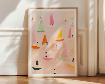 Impressão de barcos à vela em tons pastel: arte de parede costeira escandinava (download digital)