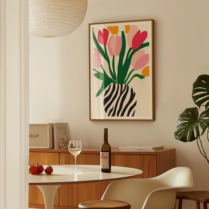 Botanical wall decor with bold zebra vase and colorful tulips