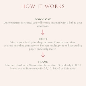 Step-by-step guide for using your digital download: download after purchase, print at home or a professional shop, and frame in standard sizes like 5:7, 2:3, 3:4, 4:5, or 11:14 ratio