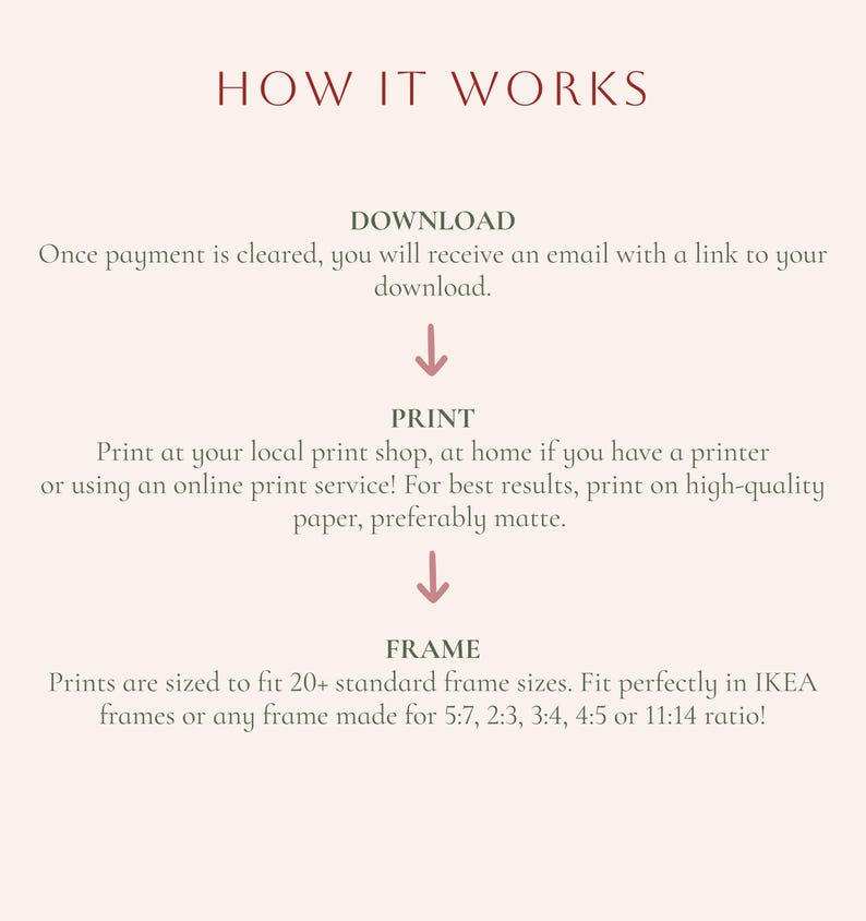 Step-by-step guide for using your digital download: download after purchase, print at home or a professional shop, and frame in standard sizes like 5:7, 2:3, 3:4, 4:5, or 11:14 ratio