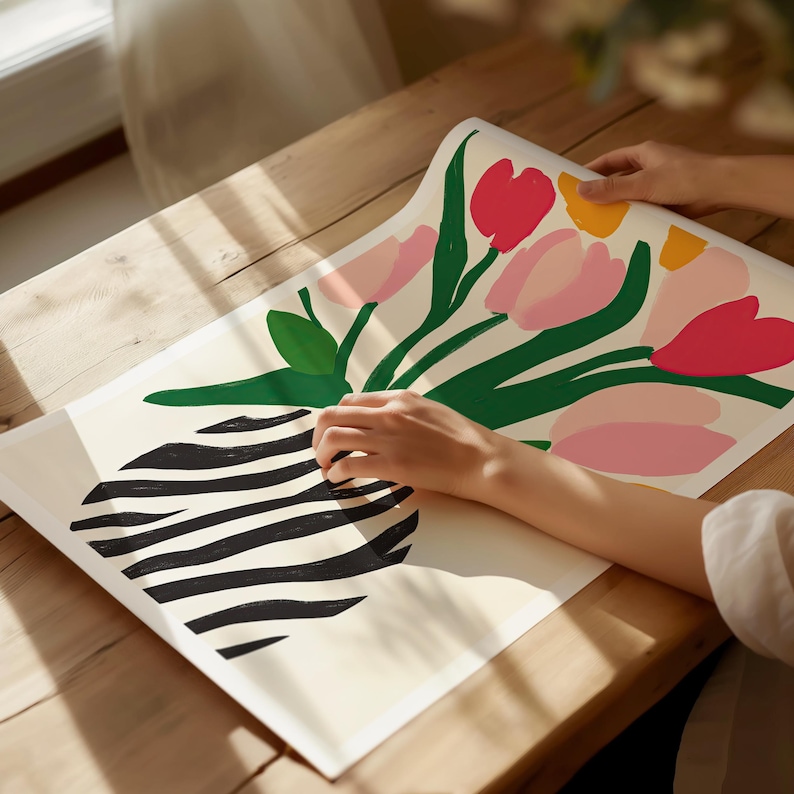 Scandinavian style flower wall art with vibrant tulip arrangement