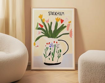 ストックホルムの花柄ジャグプリント：スカンジナビアのキッチンアート（デジタルダウンロード）