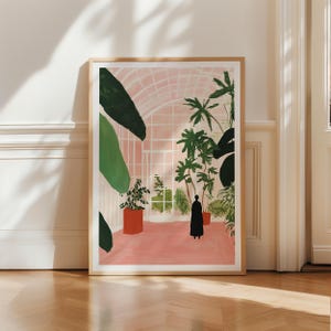 Gewächshaus Kunstdruck | Indoor Jungle Poster | Palmenhaus Digitale Wandkunst | Rosa Gartenzimmer Ästhetik | Pflanzenliebhaber Dekor