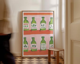 Print olijfoliefles: retro keukenkunst, mediterraan decor (digitale download)